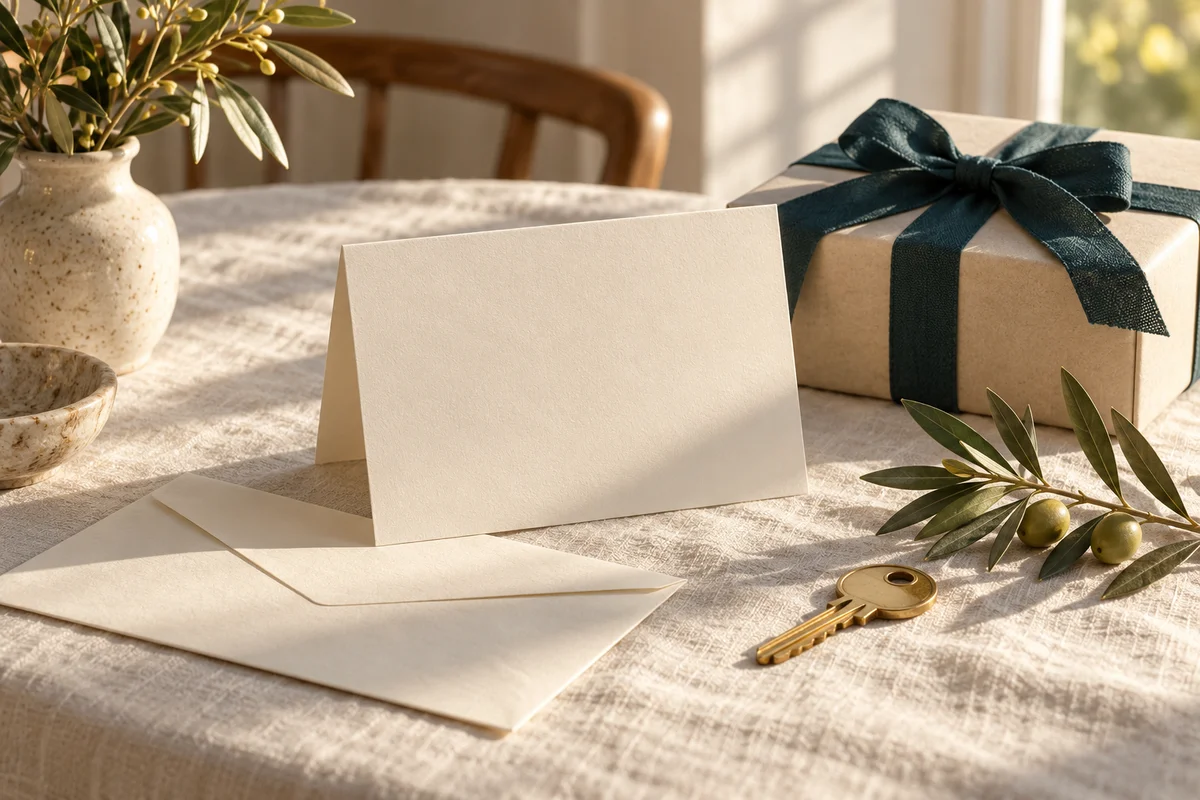 A cream note card beside a gift tied with teal ribbon